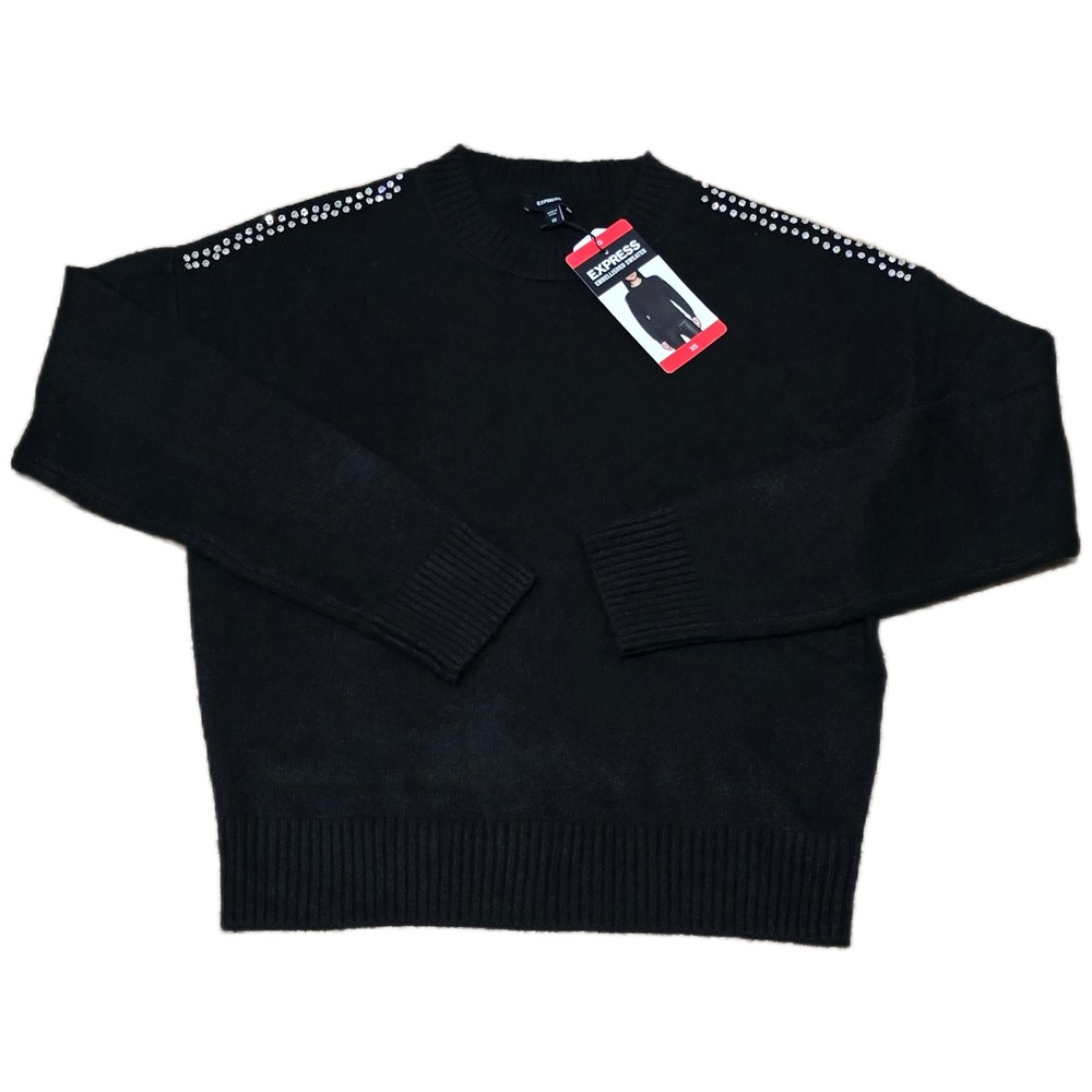 Express Embellished Sweater‎ Womens XS Black Rhinestone Crew Neck NWT Office